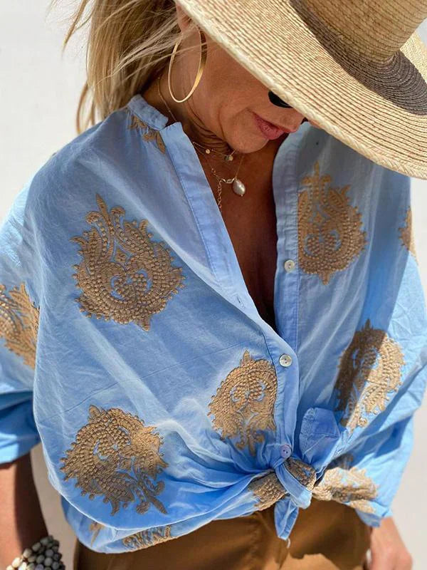 Greta™ | Embroidered Button-Up Top
